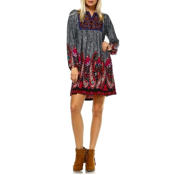 White Mark Boho Dress Womens Large Peasant Colorful Embroidered Paisley Babydoll - Picture 1 of 10